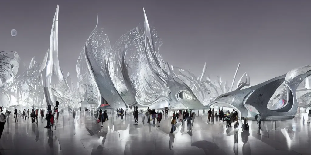 Image similar to fantasy city with moon by zaha Hadid with crowded street trending on artsation