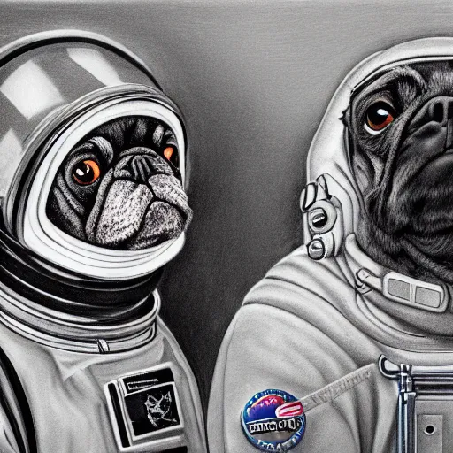Prompt: self portrait, highly detailed, pencil art, max detail, pug and chimp astronaut posing for a picture.