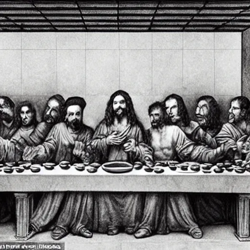 Image similar to Award Winning Editorial Masterpiece picture of a new York Soup Kitchen by David Bailey CBE, Composition The Last Supper daVinci