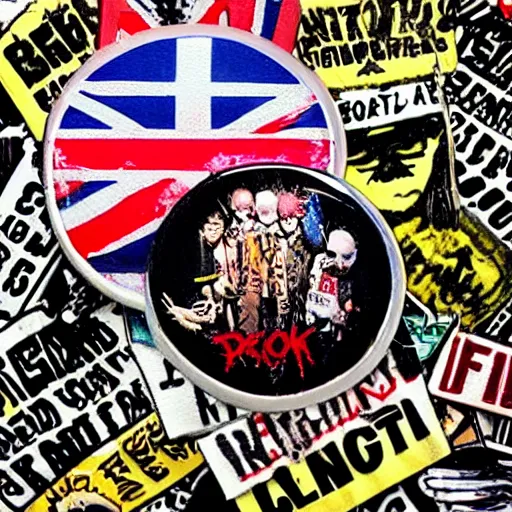 Image similar to painting on a badge, punks not dead!, exploited!!, clash, junk yard, rats!!, god save the queen, punk rock album cover art style, grunge, no future