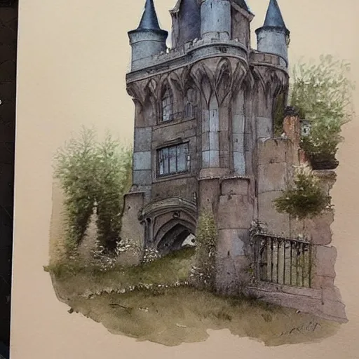 Image similar to (((((((watercolor sketch of Gothic revival castle gatehouse))))))) . muted colors. by Jean-Baptiste Monge !!!!!!!!!!!!!!!!!!!!!!!!!!!!!!!!!!!!!!!!