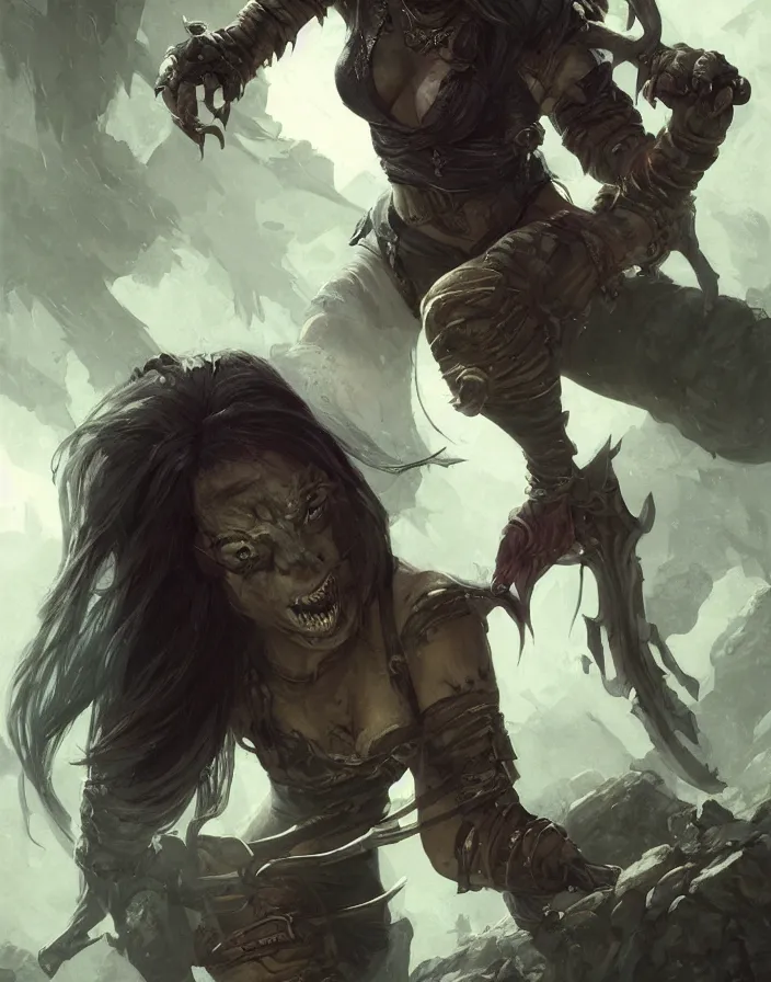 Image similar to a female orc rogue | | realistic shaded, dungeon and dragons, fine details, realistic shaded lighting poster by greg rutkowski, magali villeneuve, artgerm, jeremy lipkin and michael garmash and rob rey