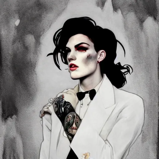 Image similar to stunning portrait of androgynous ruby rose as desire from sandman in a white tuxedo!!!, rockabilly style,, by alphonse mucha, by jeremy mann, by peter lindbergh, dave mckean, by mikko lagerstedt, by frank moth, white suit and black tie, soft lightning, high detailed, 8 k