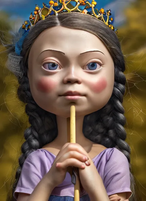 Image similar to closeup face profile portrait of greta thunberg as a tin toy fairytale princess wearing a crown eating cakes, bikini, depth of field, zeiss lens, fashion photoshoot, by nicoletta ceccoli, mark ryden, lostfish, dan decarlo, bob clampett, max fleischer, breathtaking, detailed, hyperrealistic, octane render