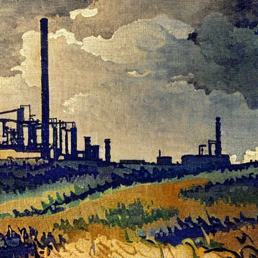 Image similar to Steel mill, in the style of Henri-Edmond Cross