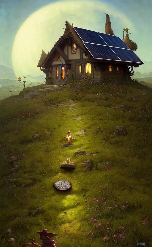 Image similar to a hyper realistic witchy cottage with solar panels on a tall hill, mountains, atmospheric lighting, lush foliage, painting by chiara bautista and tom bagshaw, mucha, beksinski and norman rockwell and greg rutkowski weta studio, and lucasfilm