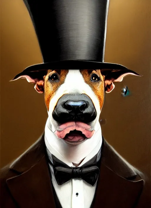 Prompt: portrait of a bull terrier as a gentleman, top hat, intricate, headshot, highly detailed, digital painting, artstation, concept art, sharp focus, cinematic lighting, illustration, art by artgerm and greg rutkowski, alphonse mucha, cgsociety