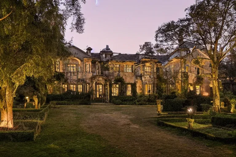 Image similar to luxurious but overgrown estate, night, golden moon