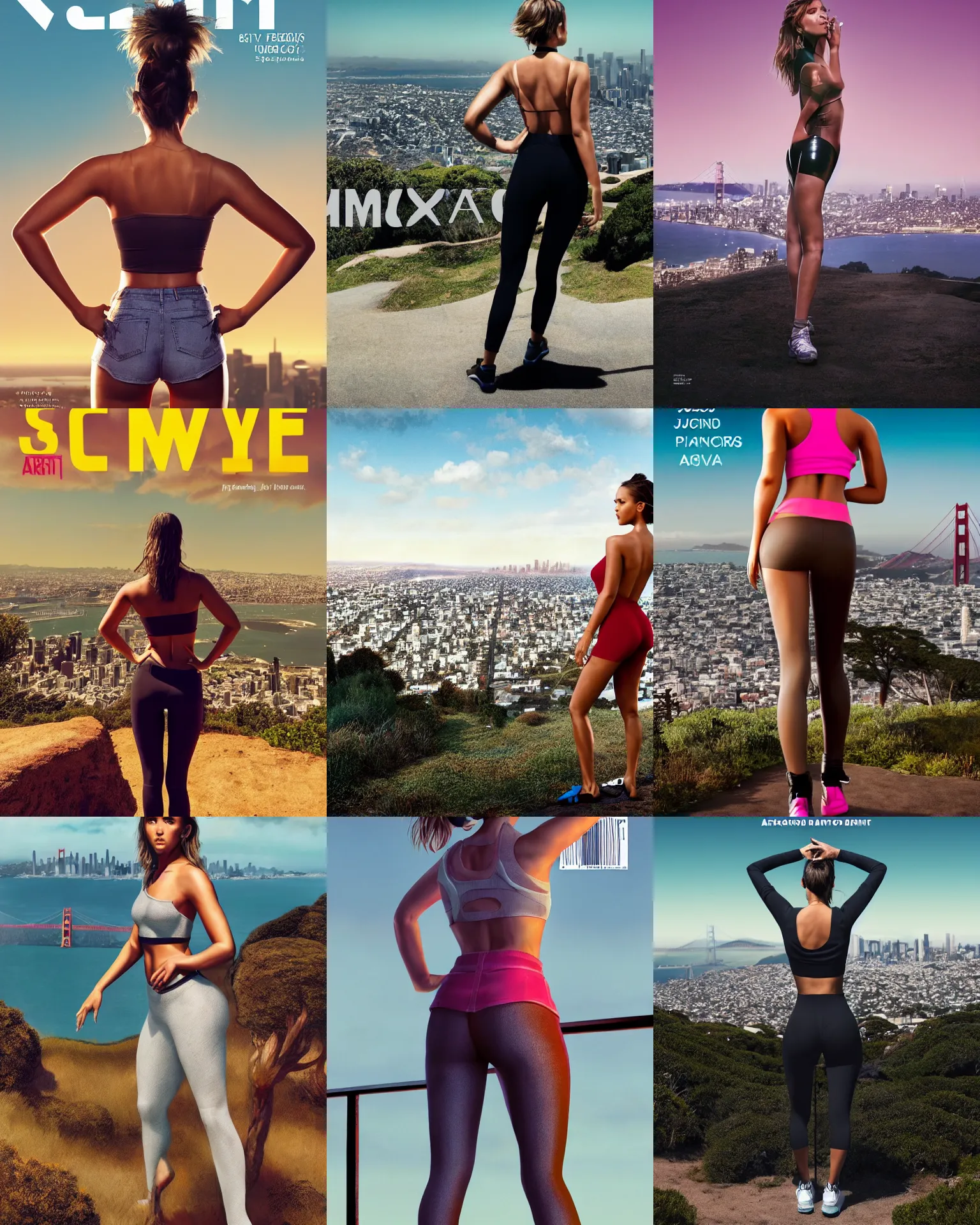 Prompt: magazine cover full body portrait of sweaty jessica alba in a powerful standing pose from behind, overlooking sf from twin peaks, facing away from the camera, bold rave outfit : : trending on artstation, morning, photoreal, ue 5, anime girl, : : nixri, greg rutkowski, wlop, : :