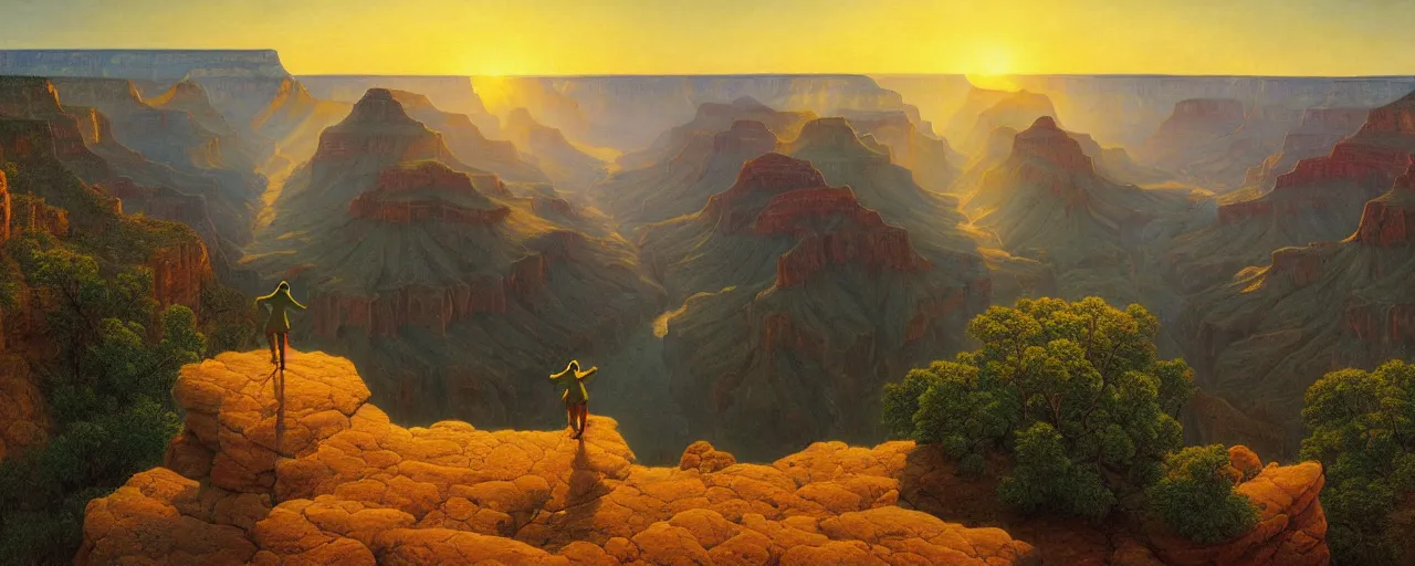 Image similar to romantic painting, wide shot of kermit the frog standing in front of a the grand canyon at sunrise, highly detailed, sublime, hyperrealistic, painted by caspar david friedrich and albert bierstadt, trending on artstation 8 k