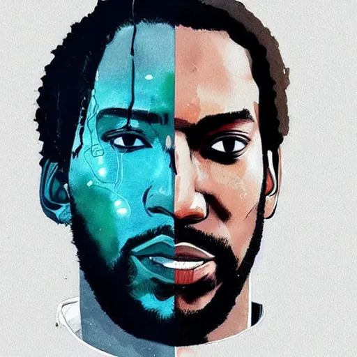 Image similar to portrait of kawhi leonard as half terminator with a robot eye in a scenic environment by conrad roset, watercolors, cybernetically enhanced, hyperdetailed, cyberpunk, cool, trending on artstation