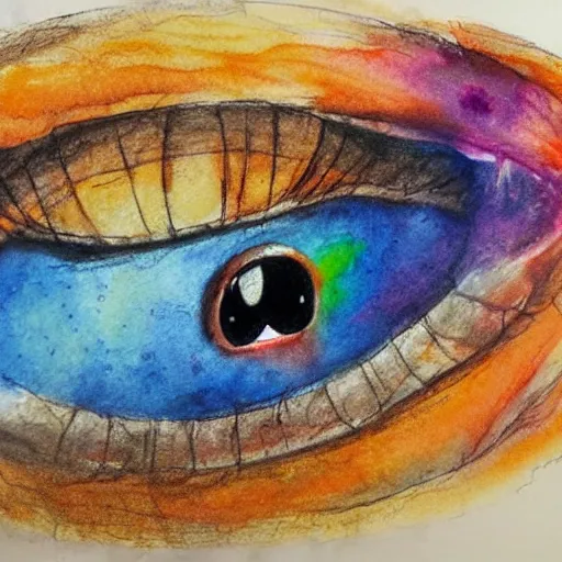 Prompt: a gigantic eye floats in space observing a galaxy, mixed media, pencil and watercolor