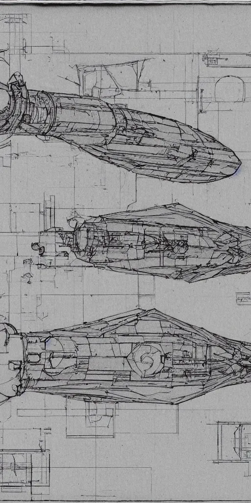 Prompt: Leonardo dav vinci intricate full page scan blueprint of concept art spacecraft, with gun emplacements on grey paper sketch ink style with dark background :: ultra-detailed technical precision :: mixed media with white and silver lines, realistic composition, point of interest at golden ratio, light from right, more darkness on the bottom, monumentally art composition, high quality of sketching with subtle hairlines, highly detailed rounded forms, inside out and outside in, octane render