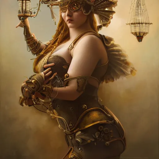 Prompt: by tom bagshaw, ultra realist vivid soft painting of a carnival of curiosities, single curvy flirt etheral young steampunk female with magnificent eyes in a full ornated armor, gears, cables, led, flying machinery, partial symmetry accurate features, very intricate details, focus, award winning, ultra dense fog