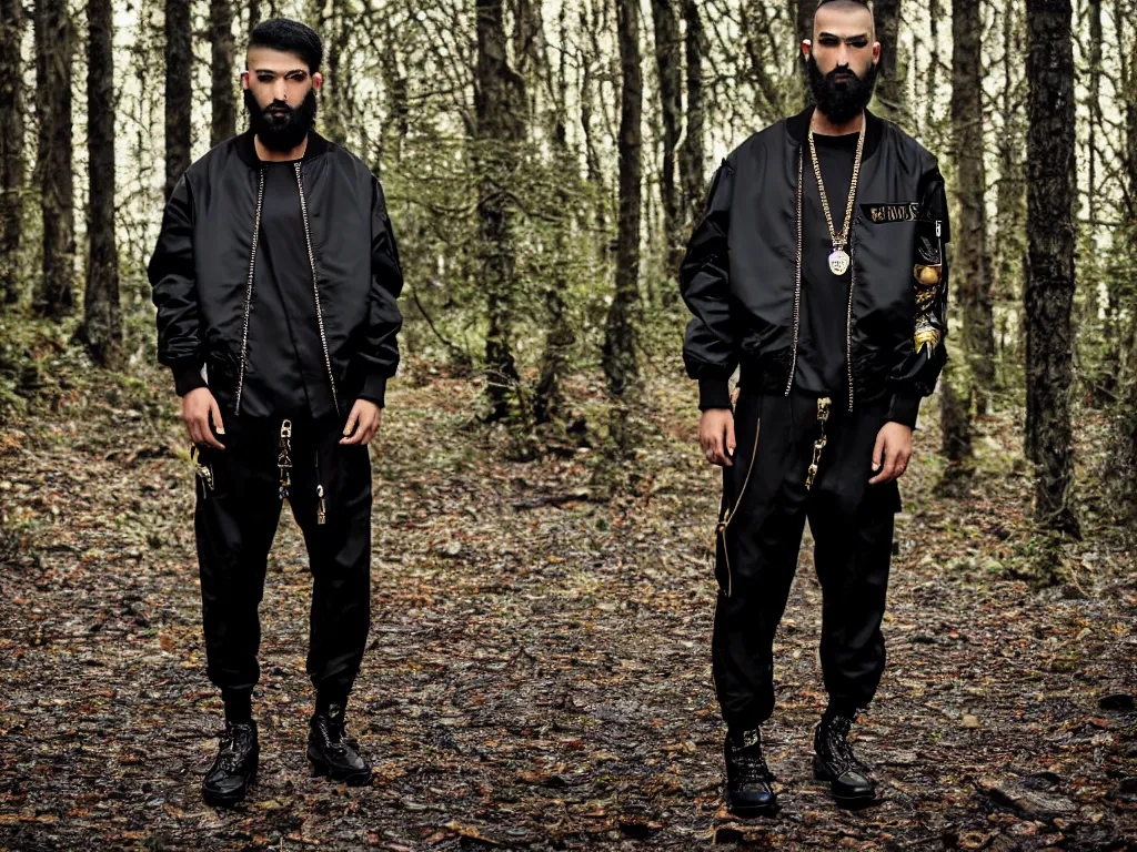 Image similar to versace avant garde male oversized bomber jacket necklace textiles streetwear cyberpunk black skin shaved head trimmed beard in the woods overcast late evening dramatic professional color 8 k hdr