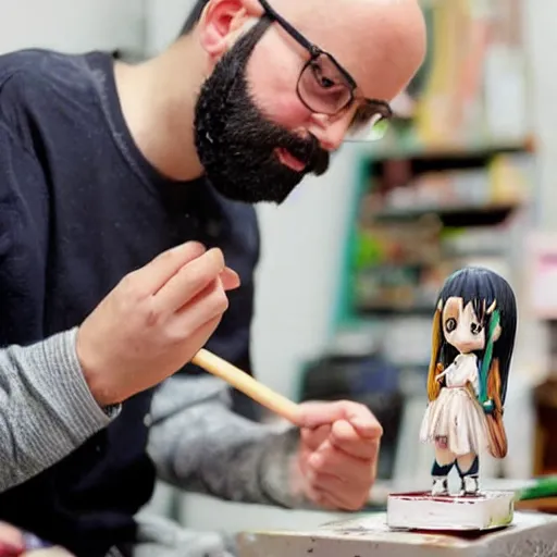 Image similar to a bald man with a beard meticulously painting an anime girl figurine in his basement