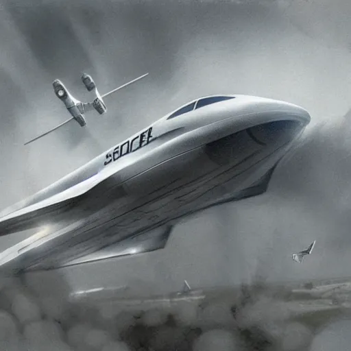 Image similar to close up of space x starship landing at heathrow airport with planes flying around, pencil sketch, realistic shaded, fine details, realistic shaded lighting poster by greg rutkowski