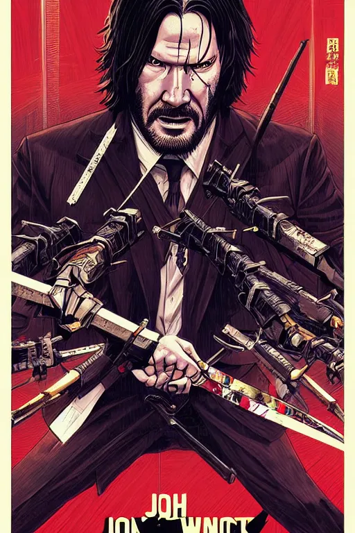 Image similar to poster of john wick as a samurai, by yoichi hatakenaka, masamune shirow, josan gonzales and dan mumford, ayami kojima, takato yamamoto, barclay shaw, karol bak, yukito kishiro