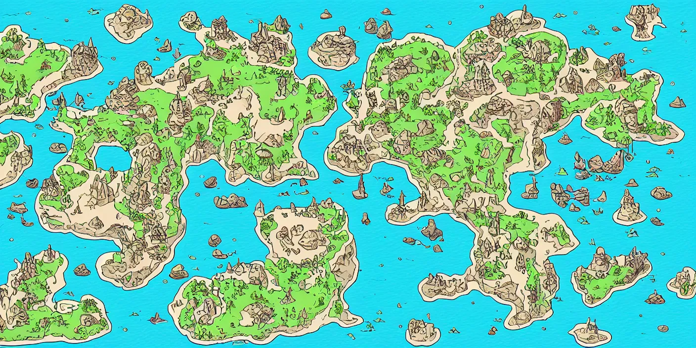 Image similar to a rpg map with continend in colored big regions surrounded by ocean detailed, flat colors and strokes