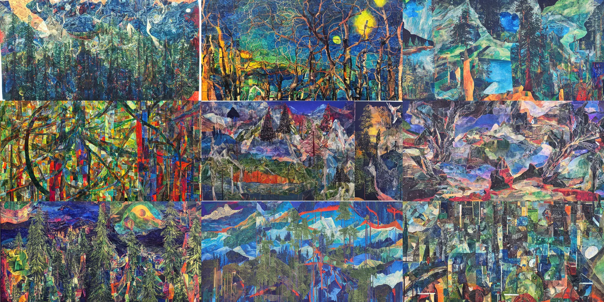 Prompt: 🌲🌌, collage, acrylic on canvas, expressionism movement, breathtaking detailed, by blake neubert