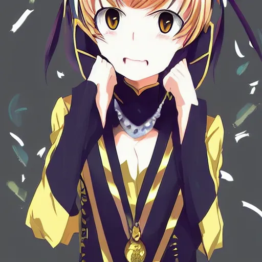 Prompt: Key anime visual of cute black and gold cat, official promotion media, sharp, ranking number 1 on Pixiv, digital art