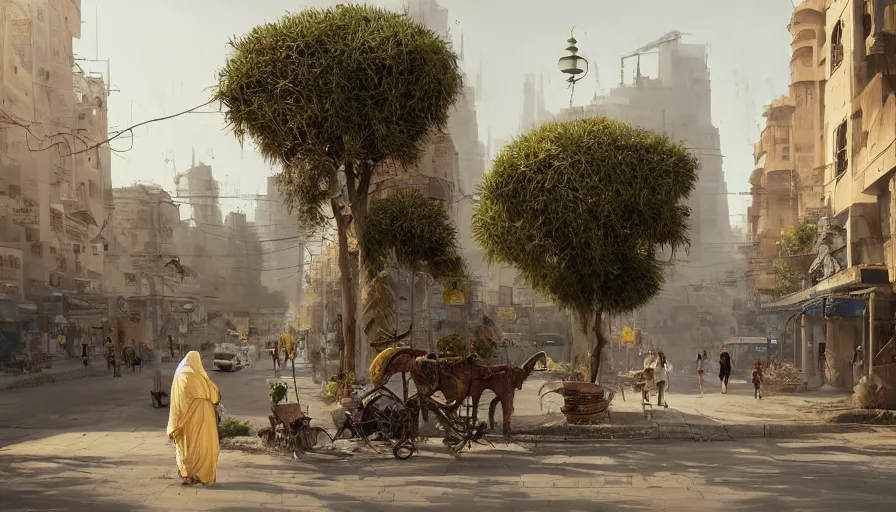 Prompt: jeddah city street, roshan, shops, a bright pharmacy, a nomad wearing a worn out coat, plants, old tree, dramatic lighting fantasy, sci fi, by caspar david friedrich by james gilleard and justin gerard, centered, artstation, smooth, sharp focus, photoreal octane render, by jean baptiste monge, gustave dore, deviantart