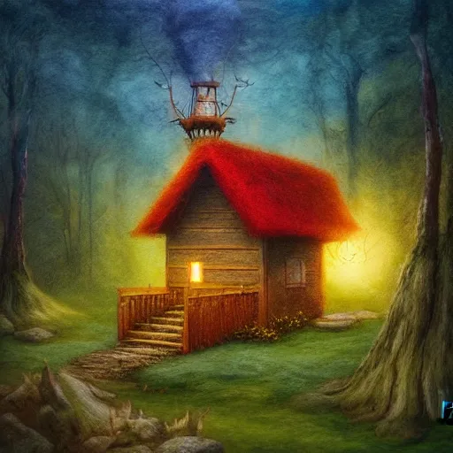 Image similar to small wooden house in the middle of enchanted forest, bright colours, watercolor, volumetric wool felting, macro photography, children illustration, by christophe vacher