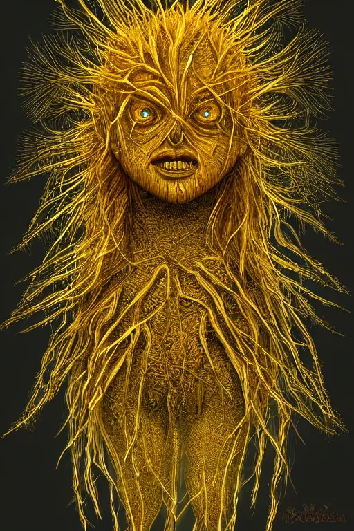 Image similar to corn dandelion humanoid figure monster, symmetrical, highly detailed, digital art, sharp focus, trending on art station, amber eyes, elemental glowing