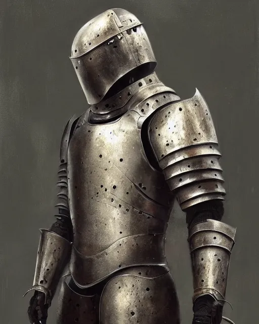 Image similar to Hyper realistic painting of an empty suit of rusty medieval full plate armour, dark fantasy, fantasy armor, hyper detailed, by greg rutkowski, surrounded by dark fog, trending on artstation