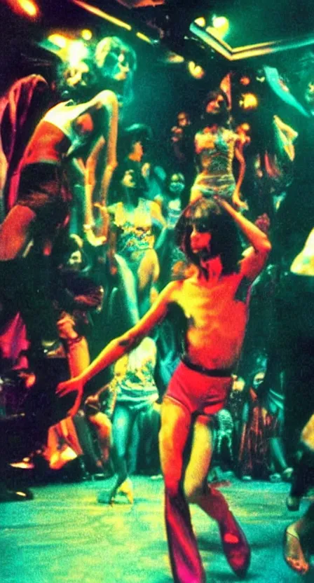 Image similar to antichrist dancing at Studio 54, disco, saturated color, high contrast, depth of field, 1976, bad vhs