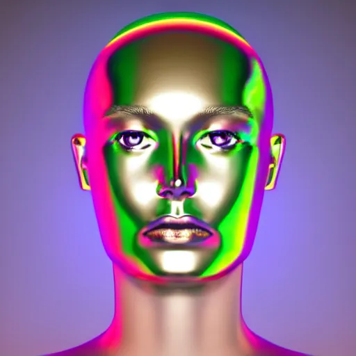 Image similar to 3d render of holographic human robotic head made of glossy iridescent, surrealistic 3d illustration of a human face non-binary, non binary model, 3d model human, cryengine, made of holographic texture, holographic material, holographic rainbow, concept of cyborg and artificial intelligence