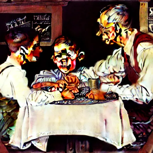 Image similar to Three students talking at a table artwork by Norman Rockwell, cinematic view, high quality