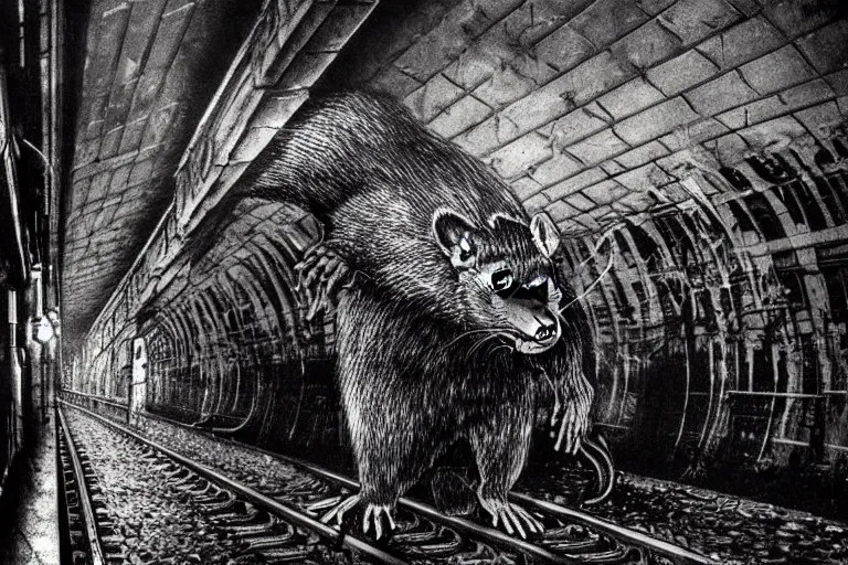 Image similar to very large giant mutant zombie irradiated angry rat sraying on railways in tonnel of moscow subway. extreme high detail, very realistic. low dark light, scary mood. giger and hermann nitsch