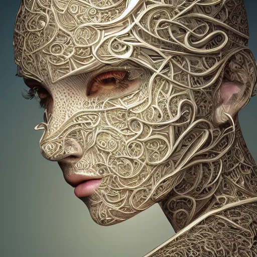 Prompt: beatifull frontal face portrait of a woman, mandelbrot fractal, symmetric, intricate, elegant, highly detailed, ornate, ornament, sculpture, elegant , luxury, beautifully lit, ray trace, octane render in the style of Gerald Brom and peter Gric