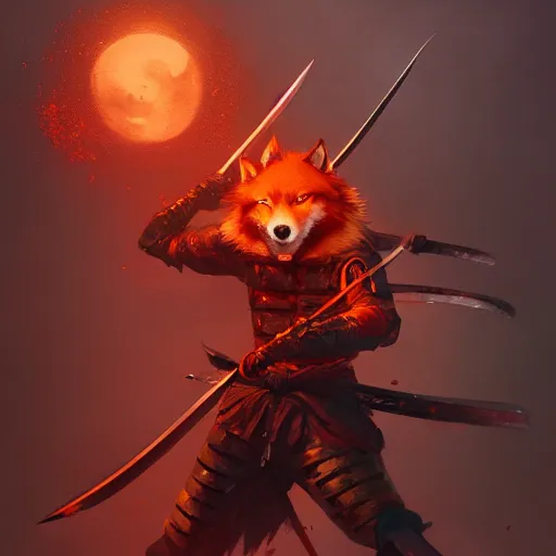 Image similar to commission portrait of a orange wolf dressed as a samurai holding a katana,dramatic,character design by charles bowater,greg rutkowski,ross tran,hyperdetailed,hyperrealistic,4k,deviantart,artstation,professional photography,concept art