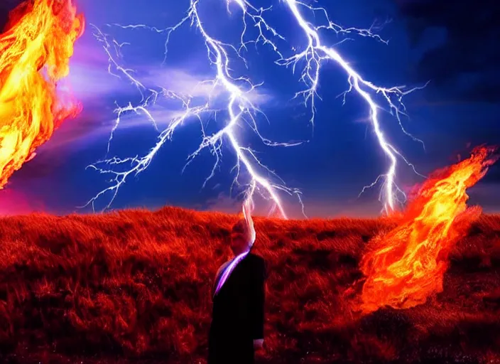 Image similar to burning donald trump casting fireballs, colorful hd picure, lightning in the background