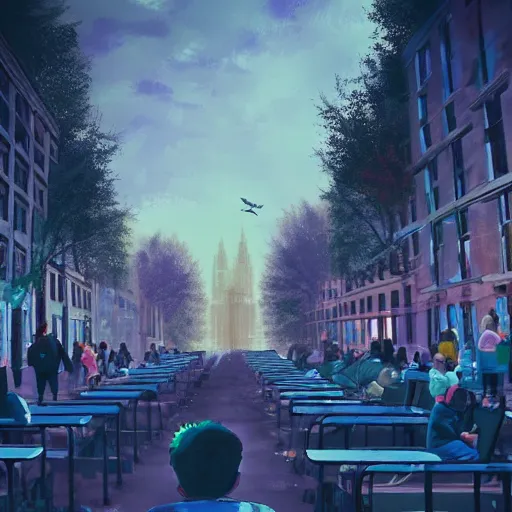 Image similar to people sitting in rows of school desks in the middle of a city street, first person view from back row, dreamy atmosphere, high quality digital art