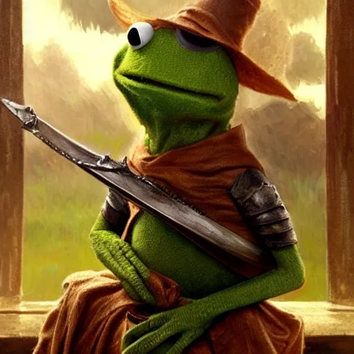 Prompt: kermit the frog as Aragorn by Alan Lee, leather armor, golden hour, concept art, detailed clothing, art station, oil painting, art by artgerm and greg rutkowski and alphonse mucha