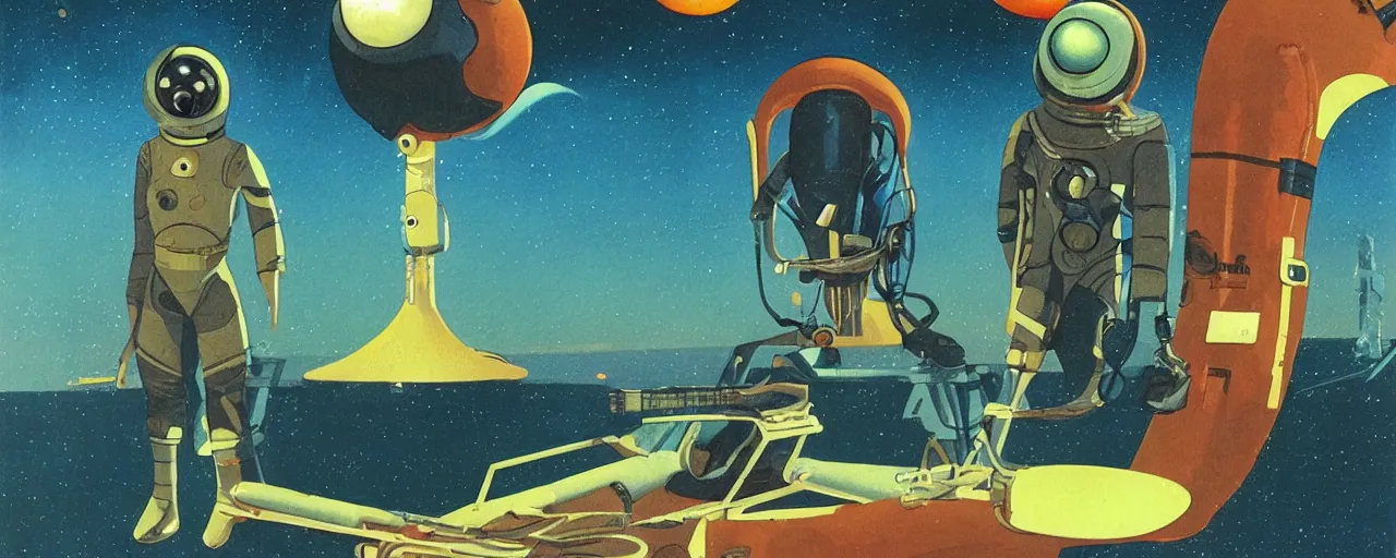 Image similar to a portrait of pilot in spacesuit on field spaceship station landing laying lake artillery outer worlds in FANTASTIC PLANET La planète sauvage animation by René Laloux