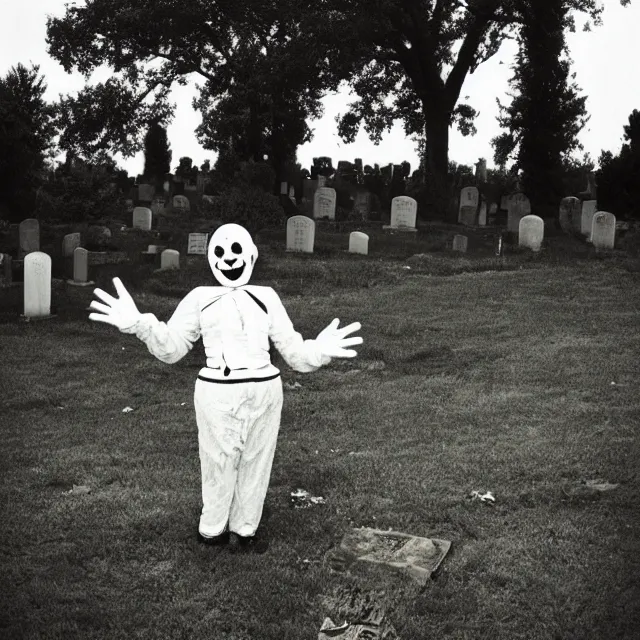 Image similar to creepy clown in a cemetary, photo by william eggelston