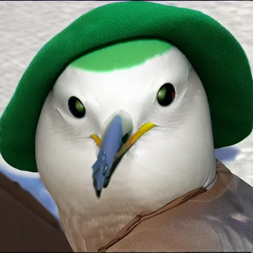 Image similar to Seagull wearing luigis hat, realistic