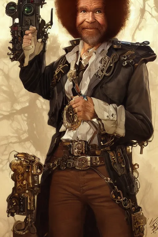 Prompt: bob ross as a steampunk cyborg gunslinger, portrait, western, duster, fantasy, intricate, elegant, highly detailed, digital painting, artstation, concept art, sharp focus, illustration, art by artgerm and greg rutkowski and alphonse mucha