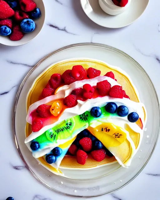 Prompt: realistic photo of rainbow pancakes with fruits, whipped cream, glass, white kitchen table, cloth, marble, highly detailed, by louise lister, sara ali, mary devinat, kailee mandel, sharp focus, masterpiece, award winning, elegant, instagram, high quality food photography