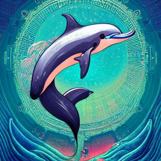 Image similar to a beautiful hyperdetailed character design 4 k wallpaper illustration of a cute dolphin, victo ngai cyberpunk style, from china, style of studio ghibli, makoto shinkai, raphael lacoste, louis comfort tiffany, artgerm, james jean, ross tran, chinese style