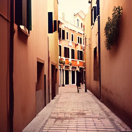 Prompt: kodak portra 8 0 0, flickr photograph view of a hallway street street with roses in neo - venezia in a calm breezy afternoon with a small store in one of the walls