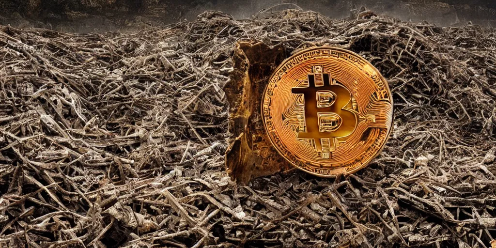 Prompt: giant rusted bitcoin being held by hundreds of the wretched of the earth, decadence decay and despair, dystopian art