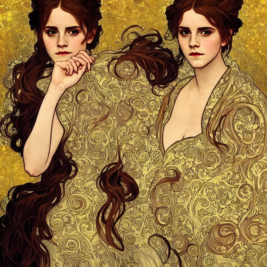 Image similar to Emma Watson from The Blinding Ring (2013) made with a combination of the art styles of Alphonse Mucha and Gustav Klimt. Masterpiece.