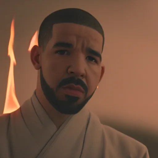 Image similar to cinematic film still of Drake starring as a Japanese Sensei with fire, Japanese CGI, VFX, 2022, 40mm lens, shallow depth of field, film photography