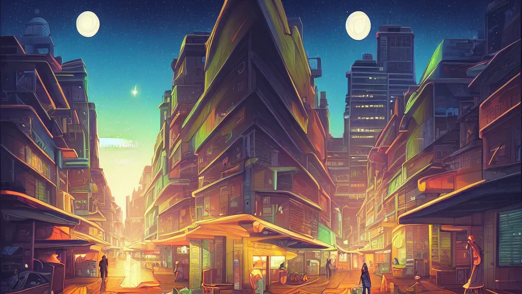 Prompt: the city street looking towards the spaceport at night by cyril rolando and naomi okubo and dan mumford