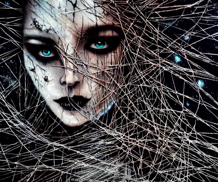 Image similar to aerial photo stunning otherworldly gothic goddess of ice fire, dark and mysterious, atmospheric, ominous, eerie, cinematic, epic, 8 k, 4 k, ultra detail, ultra realistic, rendered by awesomeness. nights falling wind is blowwing snow is pilling concept art in style of carne griffiths artwork by xsullo el anatsui